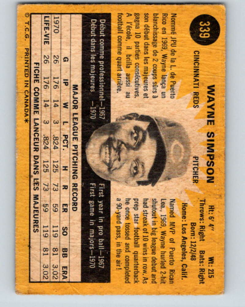 1971 O-Pee-Chee MLB #339 Wayne Simpson� Cincinnati Reds� V11162