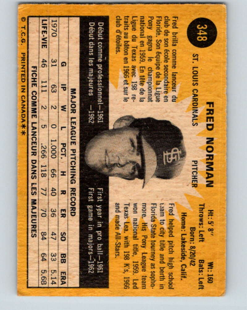1971 O-Pee-Chee MLB #348 Fred Norman� St. Louis Cardinals� V11169