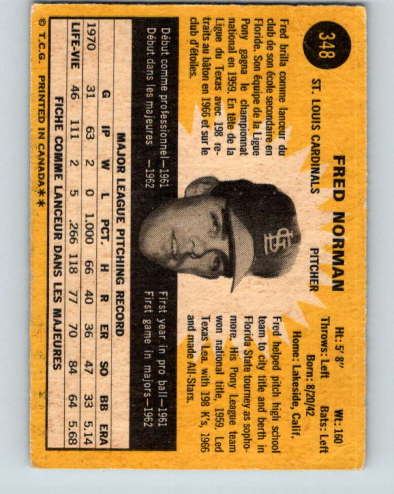 1971 O-Pee-Chee MLB #348 Fred Norman� St. Louis Cardinals� V11170