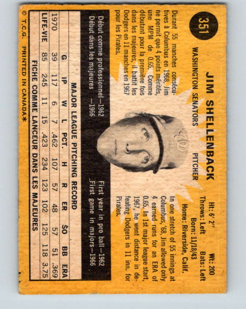1971 O-Pee-Chee MLB #351 Jim Shellenback� Washington Senators� V11171