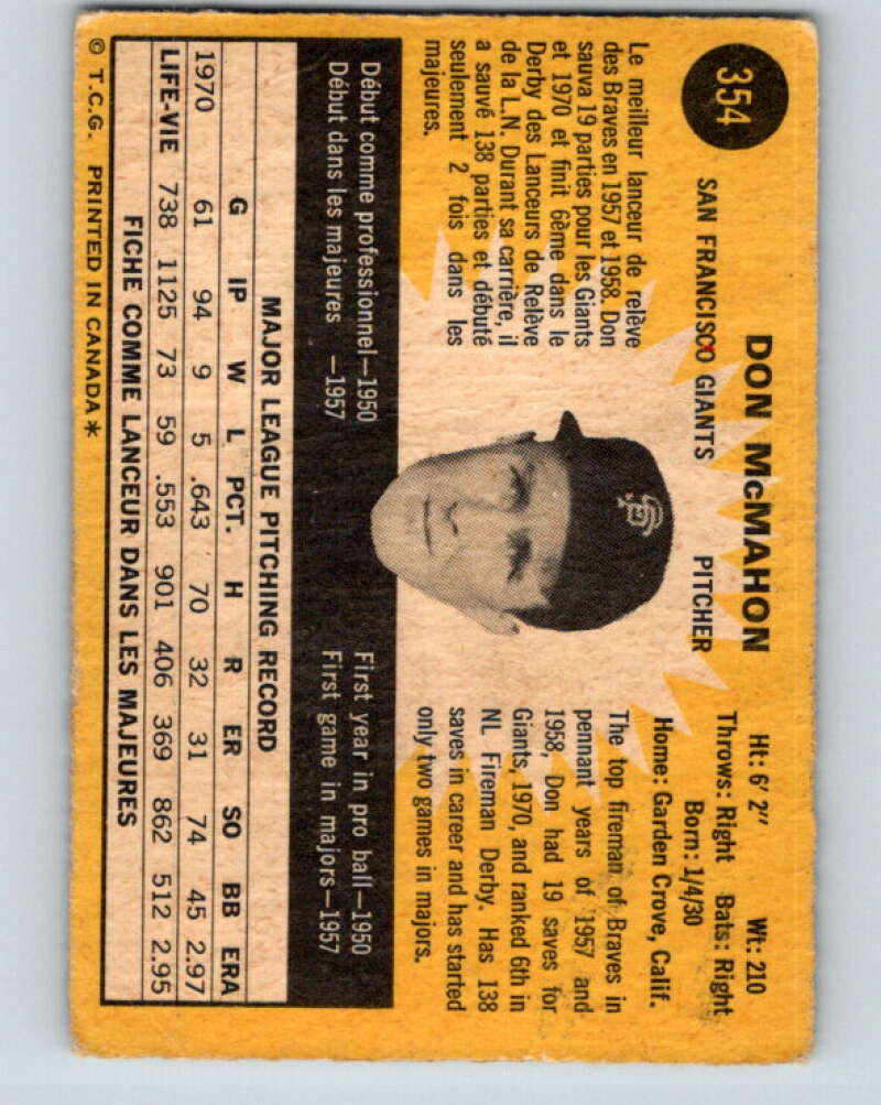 1971 O-Pee-Chee MLB #354 Don McMahon� San Francisco Giants� V11172
