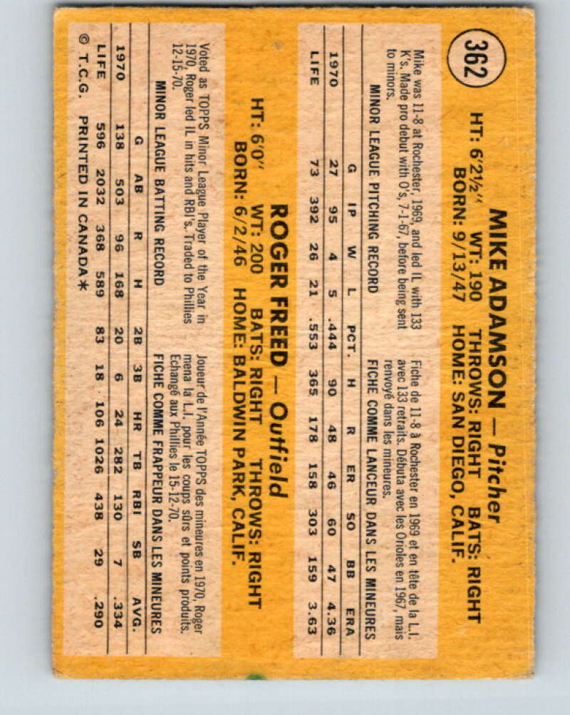 1971 O-Pee-Chee MLB #362 Adamson/Freed� RC Rookie� V11174