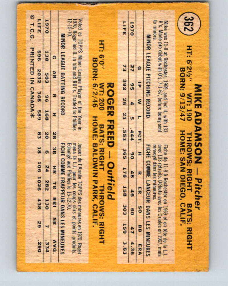 1971 O-Pee-Chee MLB #362 Adamson/Freed� RC Rookie� V11175