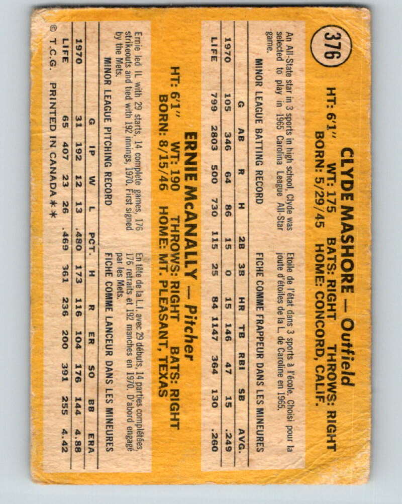 1971 O-Pee-Chee MLB #376 Mashore/ McAnally� RC Rookie V11182