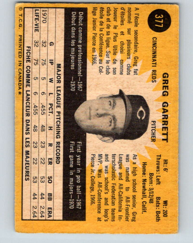 1971 O-Pee-Chee MLB #377 Greg Garrett� Cincinnati Reds� V11183