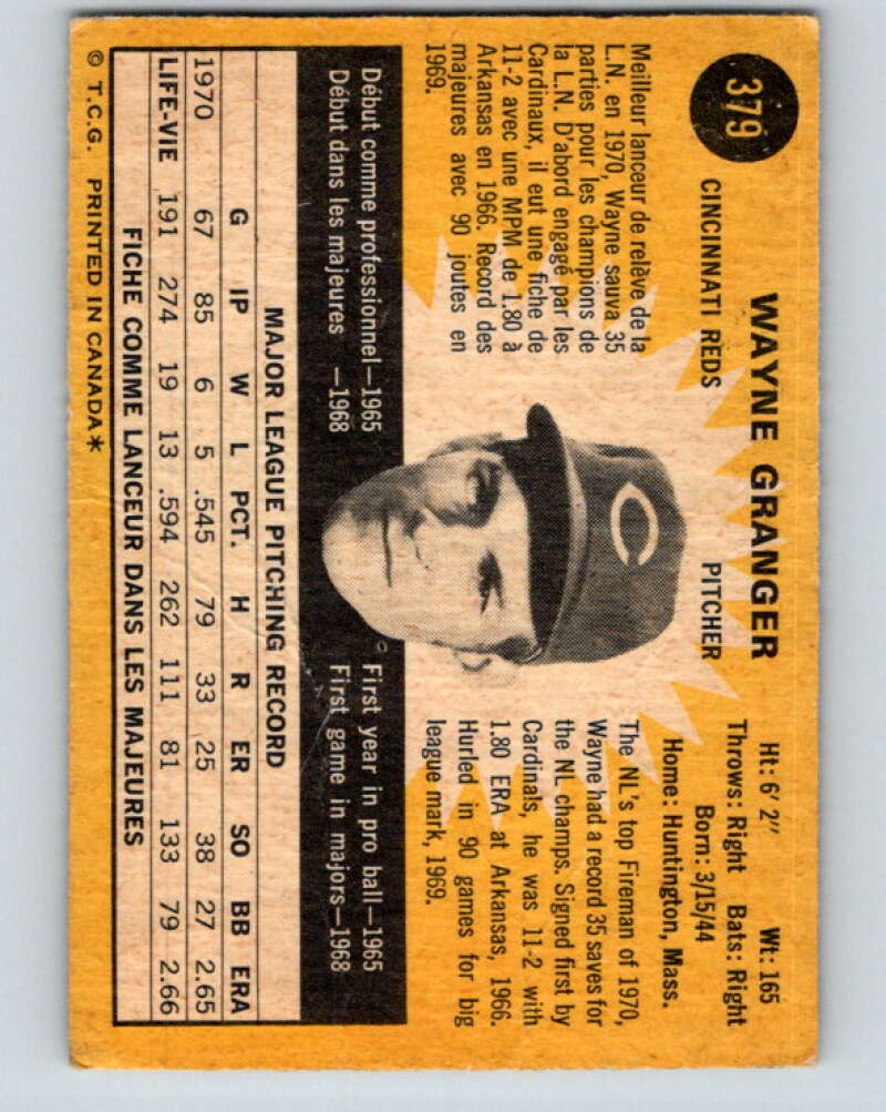 1971 O-Pee-Chee MLB #379 Wayne Granger� Cincinnati Reds� V11185