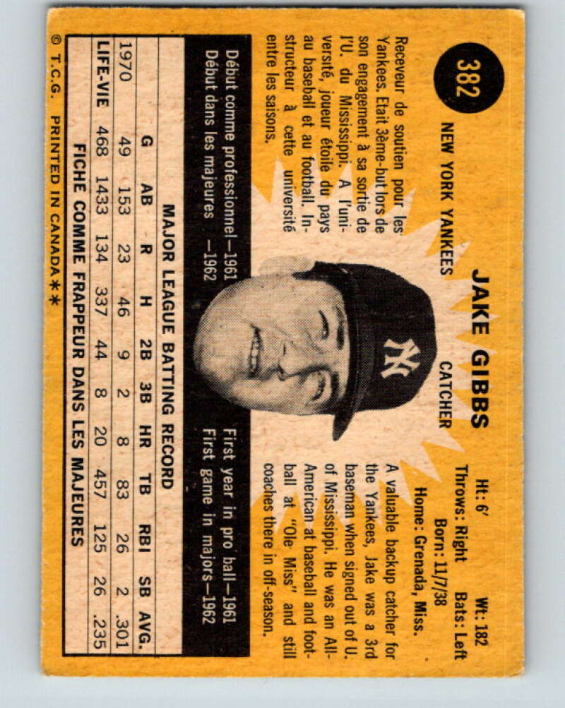 1971 O-Pee-Chee MLB #382 Jake Gibbs� New York Yankees� V11187