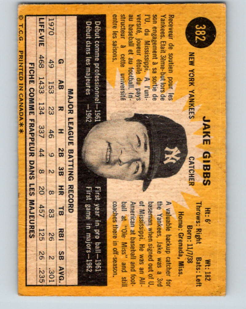 1971 O-Pee-Chee MLB #382 Jake Gibbs� New York Yankees� V11188