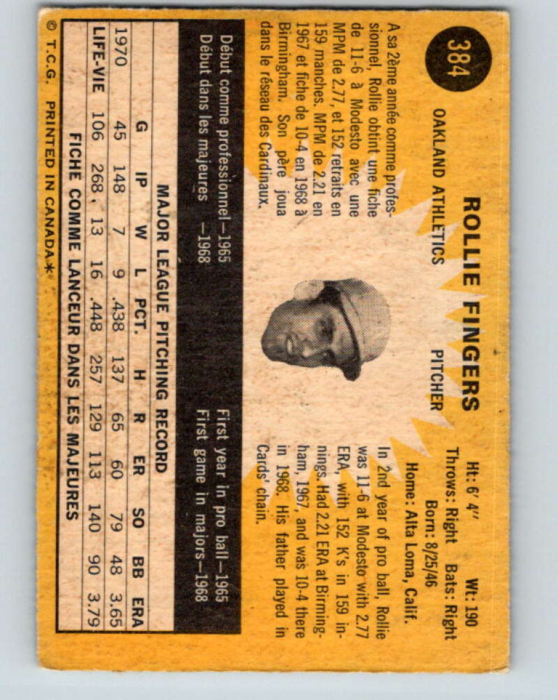1971 O-Pee-Chee MLB #384 Rollie Fingers� Oakland Athletics� V11189