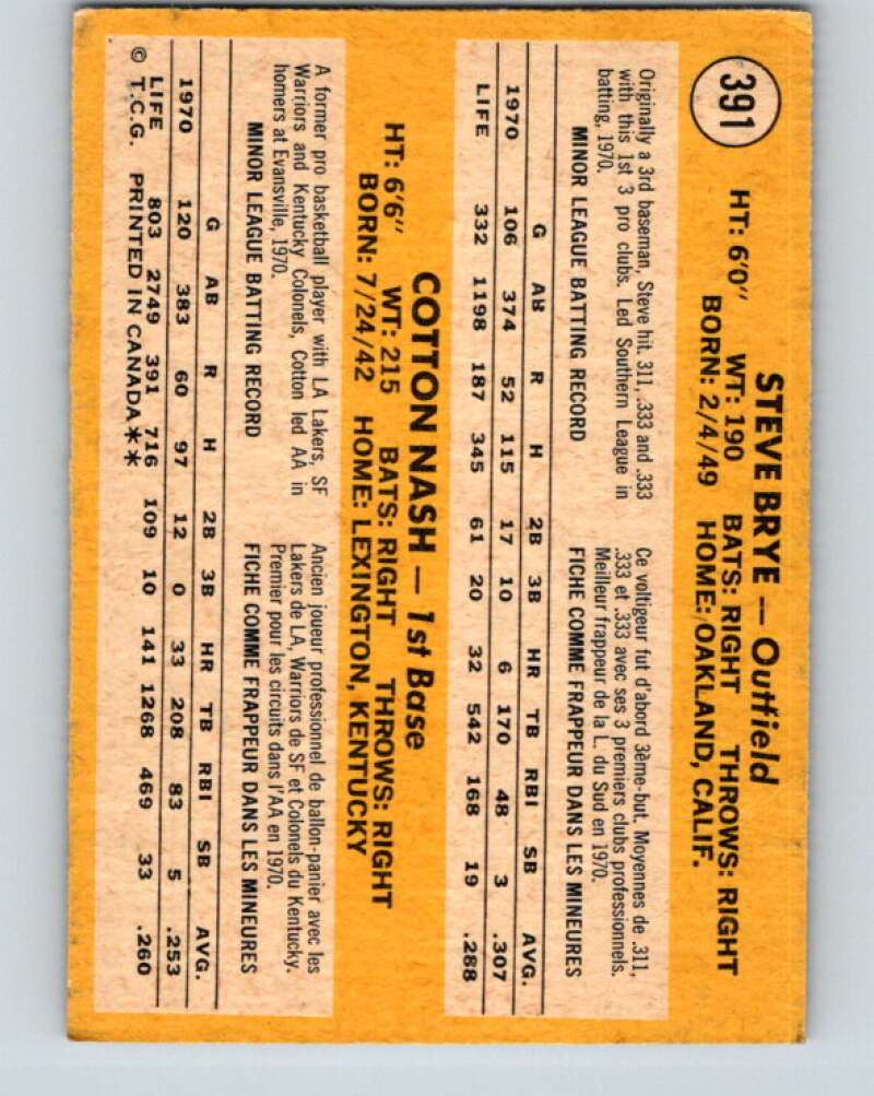 1971 O-Pee-Chee MLB #391 Steve Brye/Cotton Nash� RC Rookie V11193