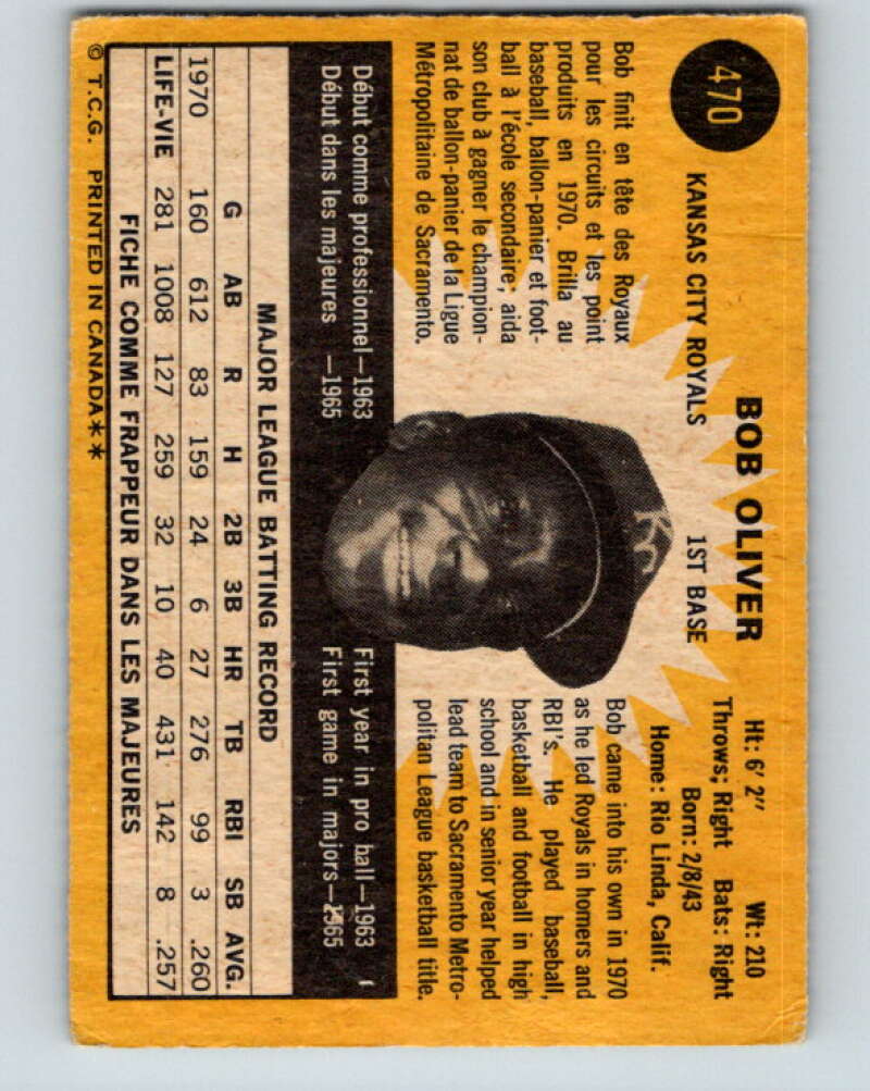1971 O-Pee-Chee MLB #470 Bob Oliver� Kansas City Royals� V11195