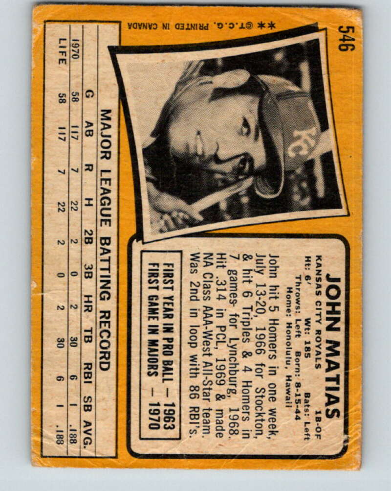 1971 O-Pee-Chee MLB #546 John Matias� Kansas City Royals� V11198