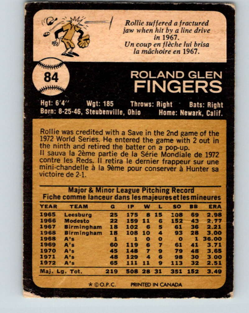 1973 O-Pee-Chee MLB #84 Rollie Fingers Oakland Athletics V11204