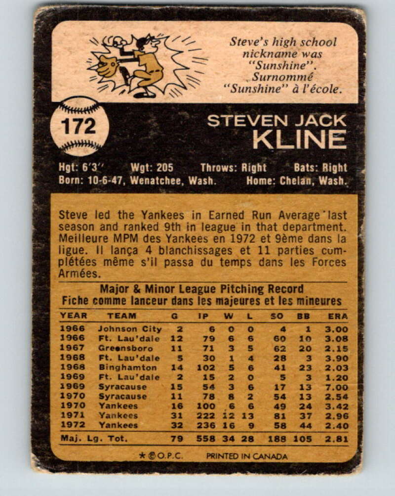 1973 O-Pee-Chee MLB #172 Steve Kline  New York Yankees  V11205