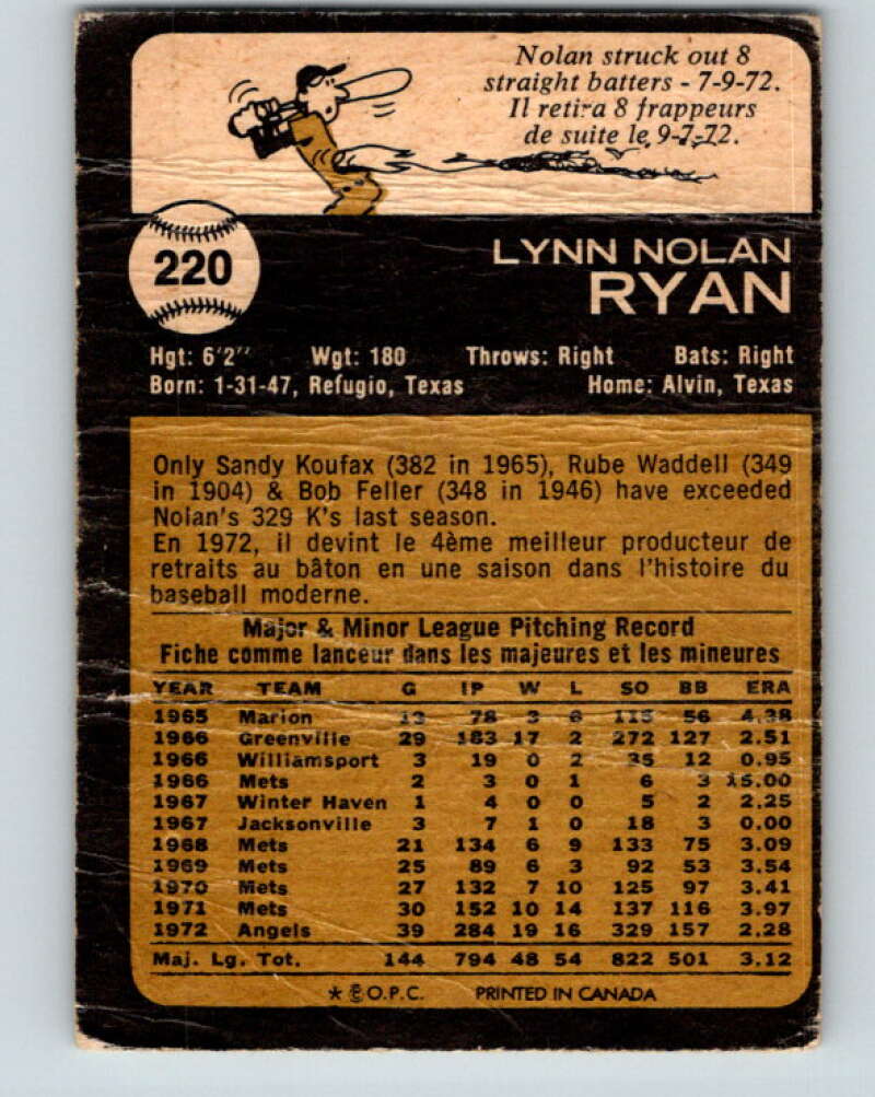 1973 O-Pee-Chee MLB #220 Nolan Ryan  California Angels  V11207