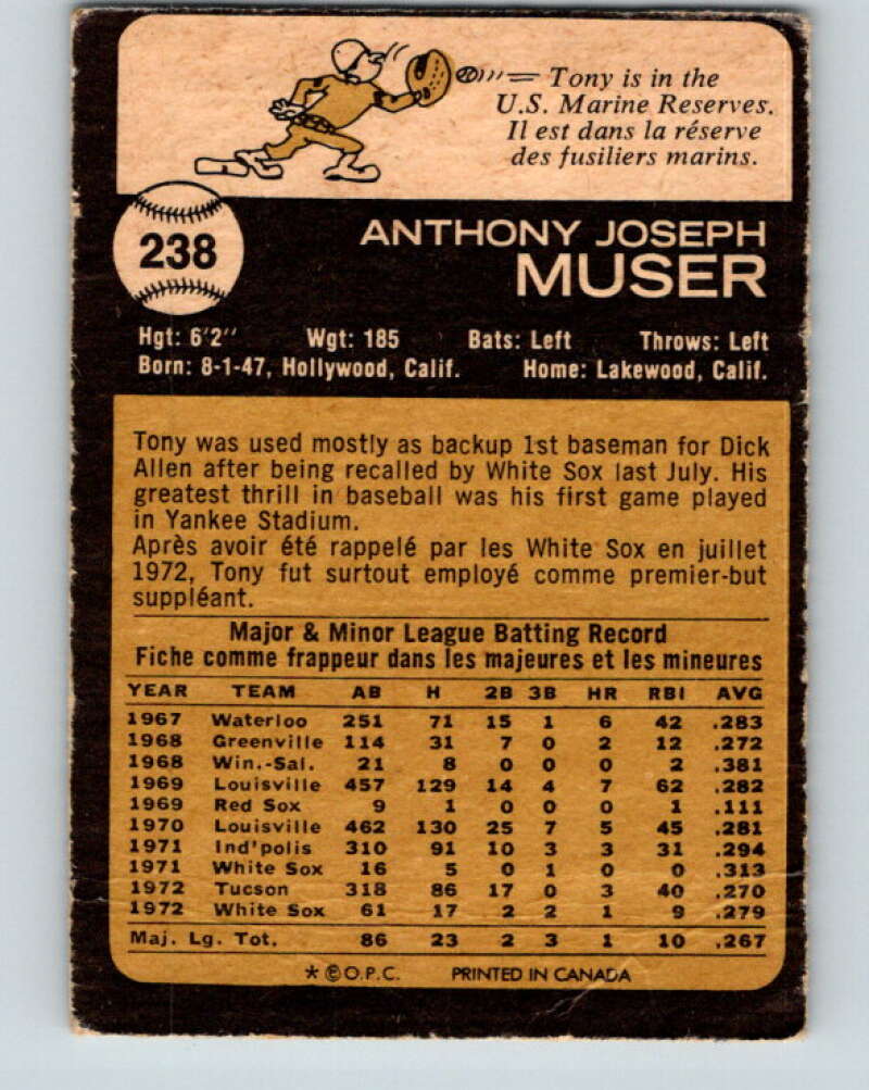 1973 O-Pee-Chee MLB #238 Tony Muser Chicago White Sox V11208