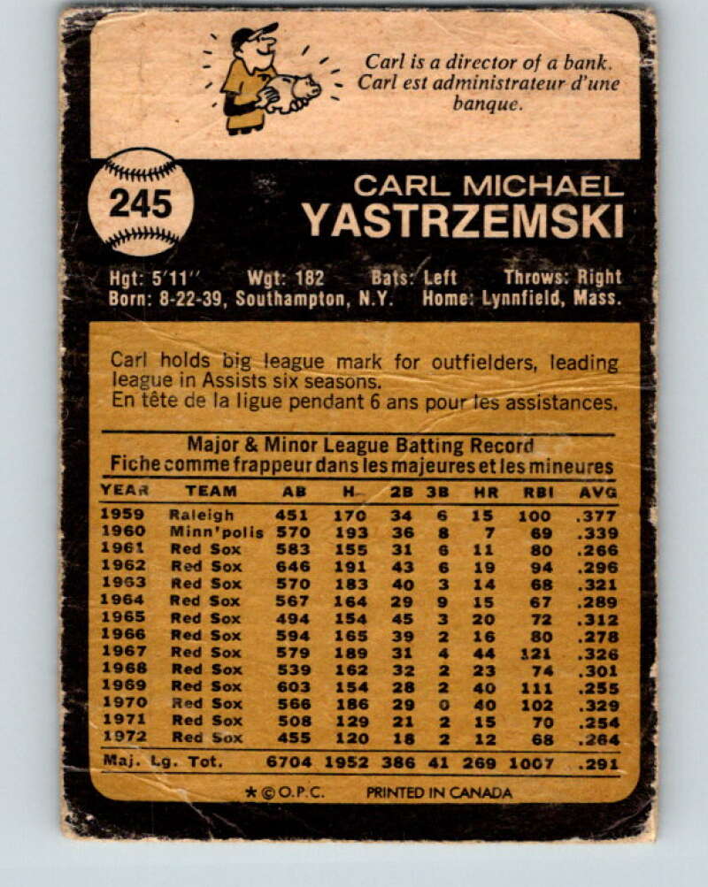 1973 O-Pee-Chee MLB #245 Carl Yastrzemski  Boston Red Sox  V11209