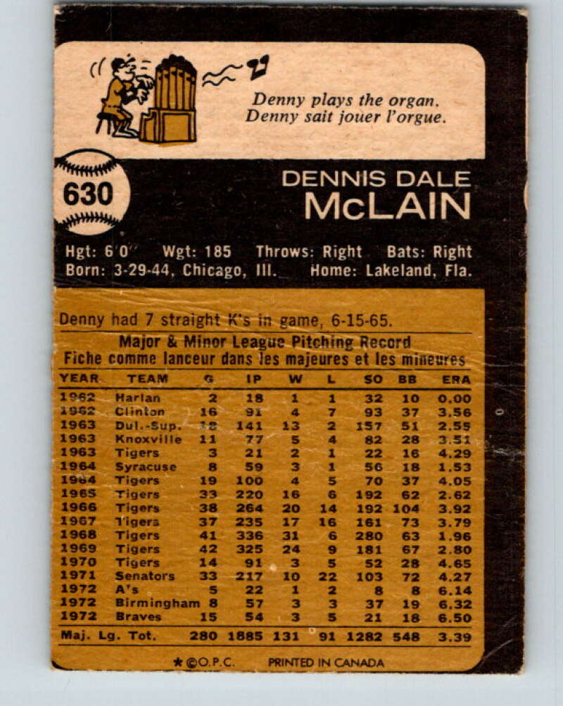 1973 O-Pee-Chee MLB #630 Denny McLain Atlanta Braves V11215