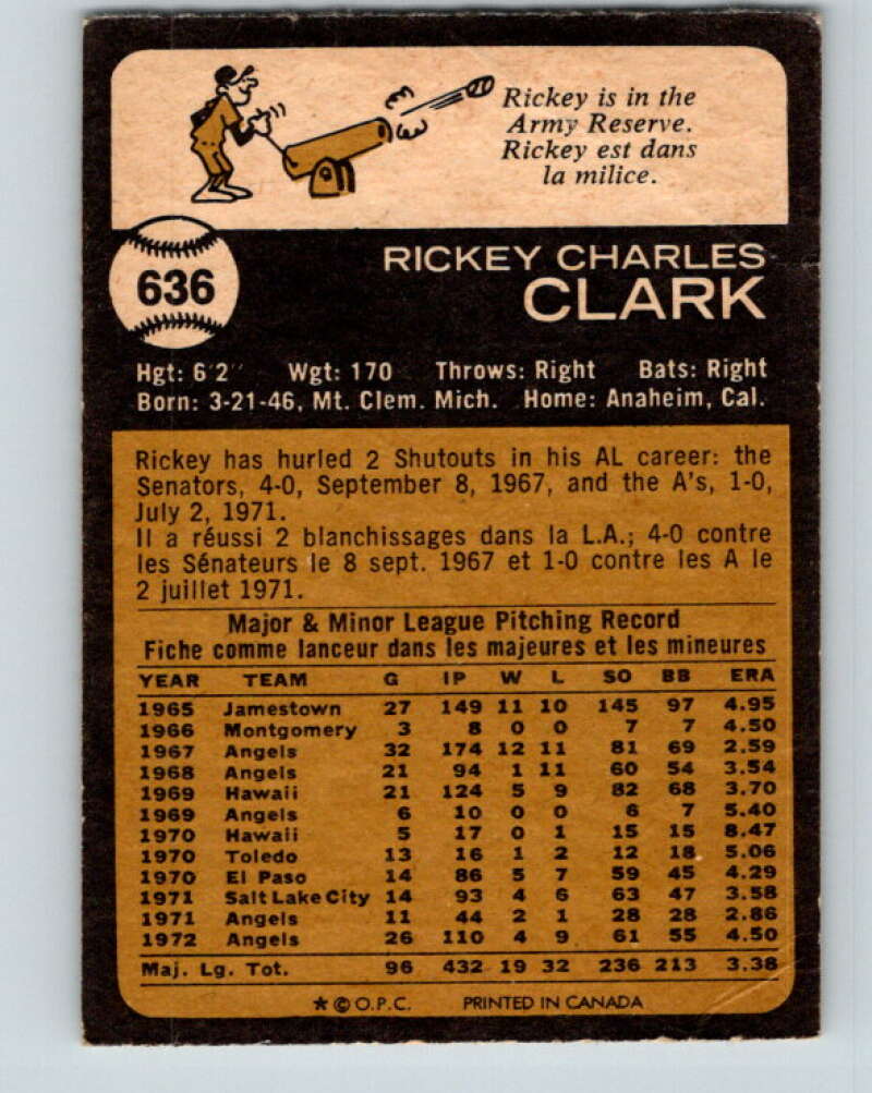 1973 O-Pee-Chee MLB #636 Rickey Clark  California Angels  V11216