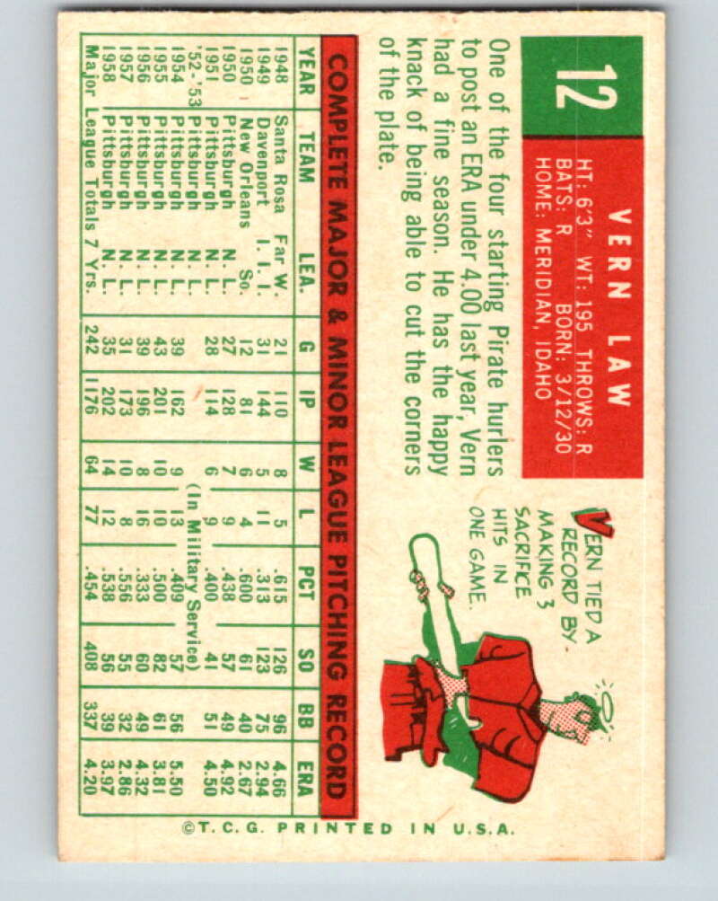 1959 Topps MLB #12 Vern Law  Pittsburgh Pirates  V11229