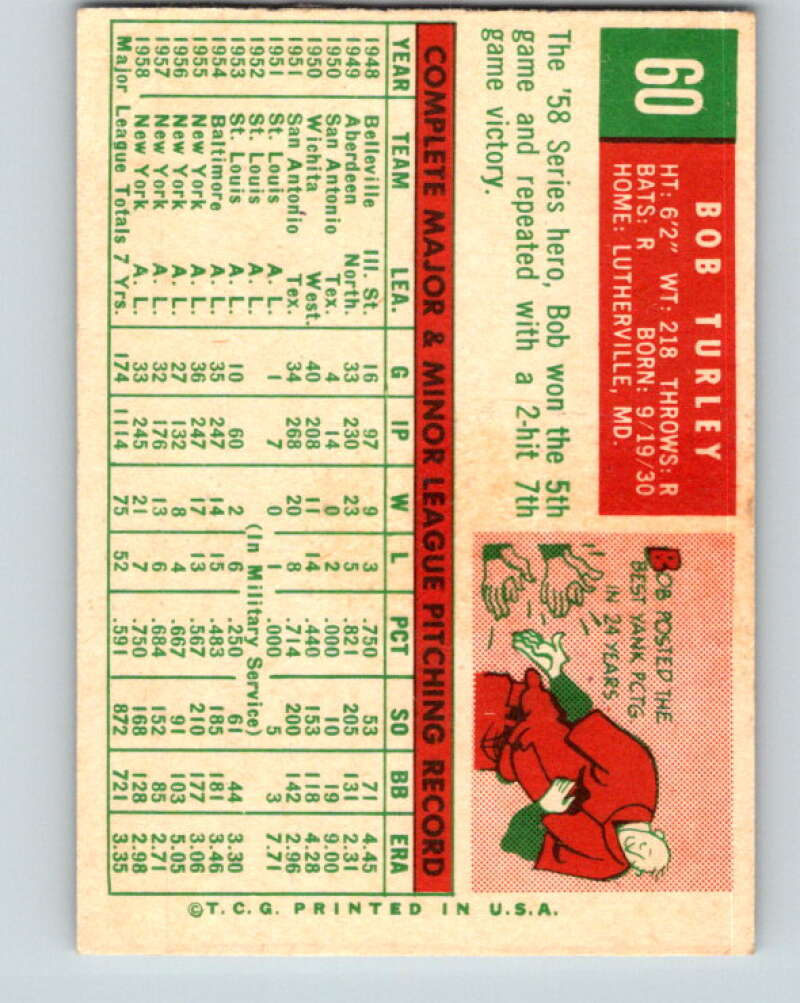 1959 Topps MLB #60 Bob Turley New York Yankees V11269