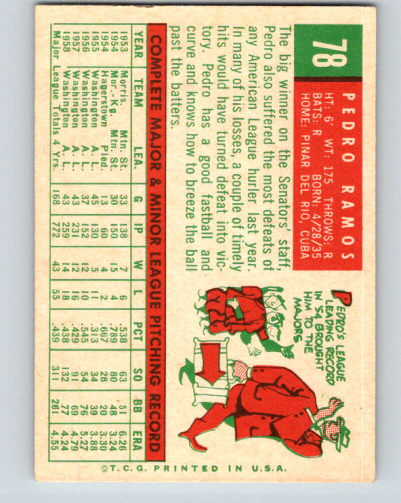 1959 Topps MLB #78 Pedro Ramos Washington Senators V11284