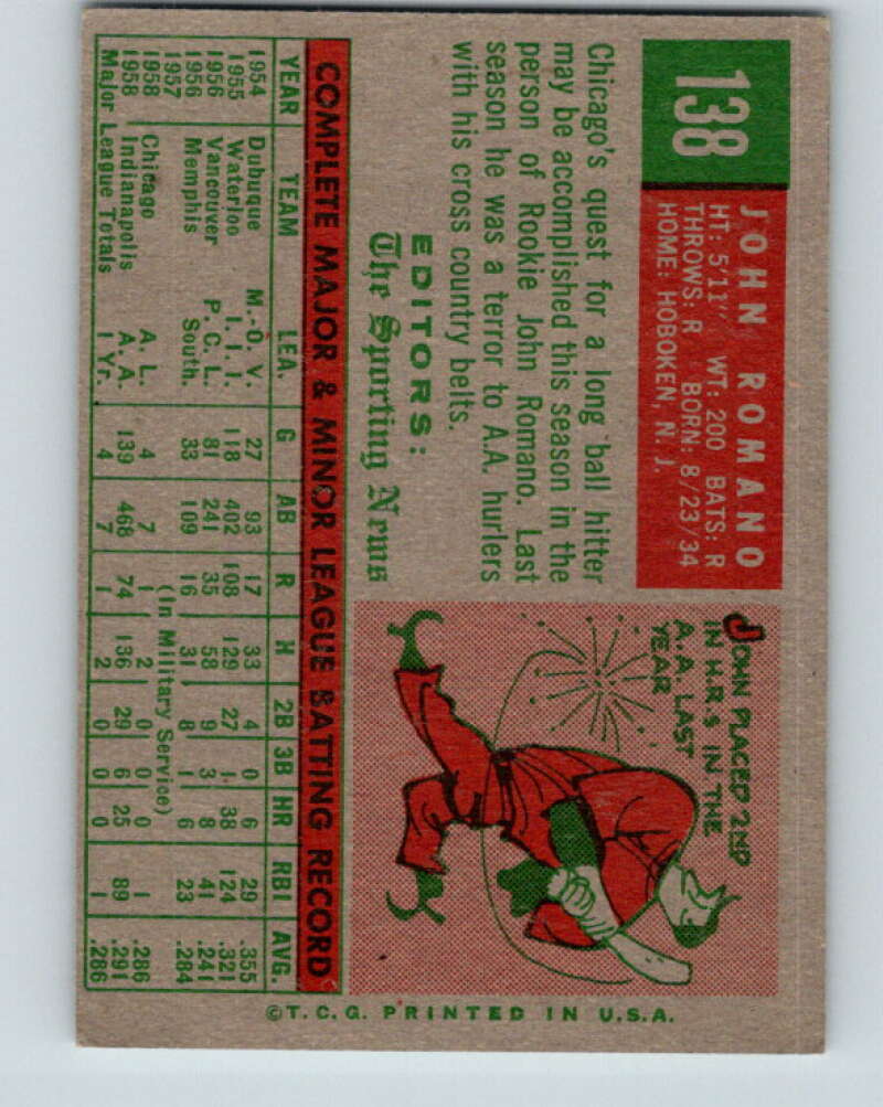 1959 Topps MLB #138 Johnny Romano RC Rookie Chicago White Sox V11321