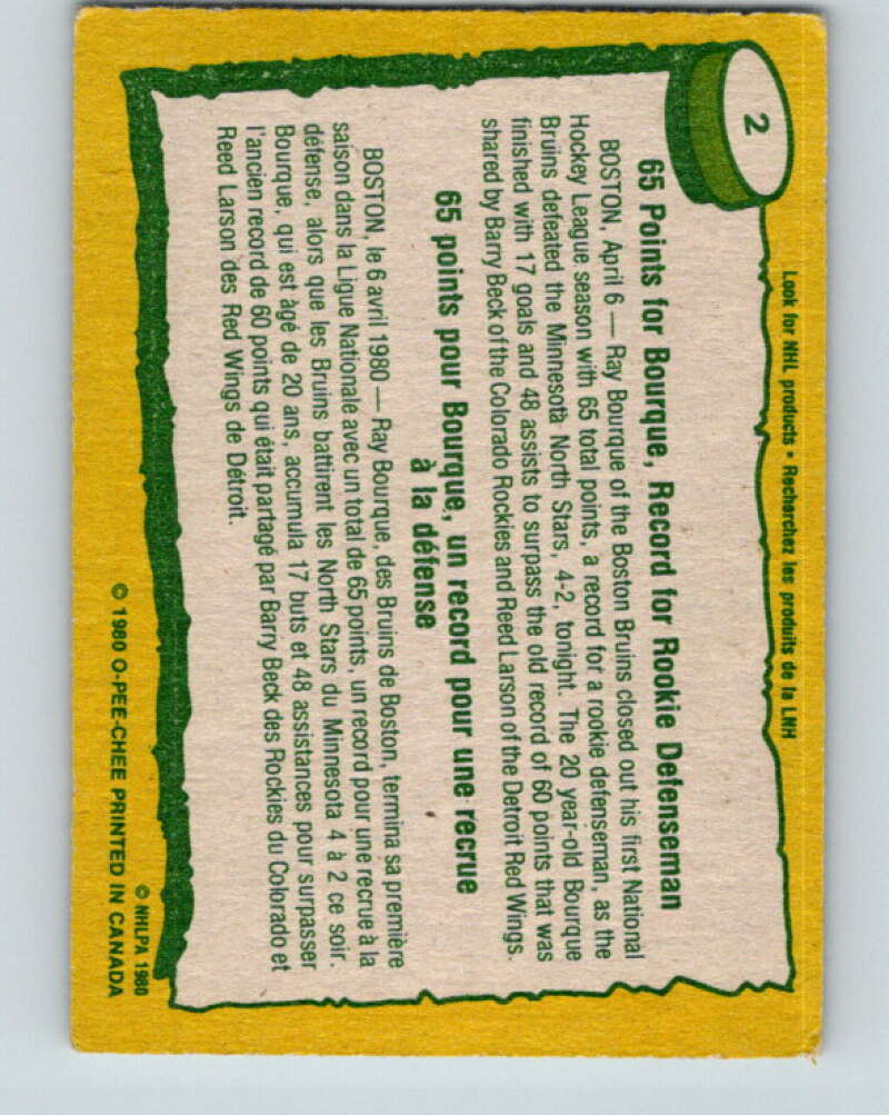 1980-81 O-Pee-Chee #2 Ray Bourque RB Boston Bruins V11337