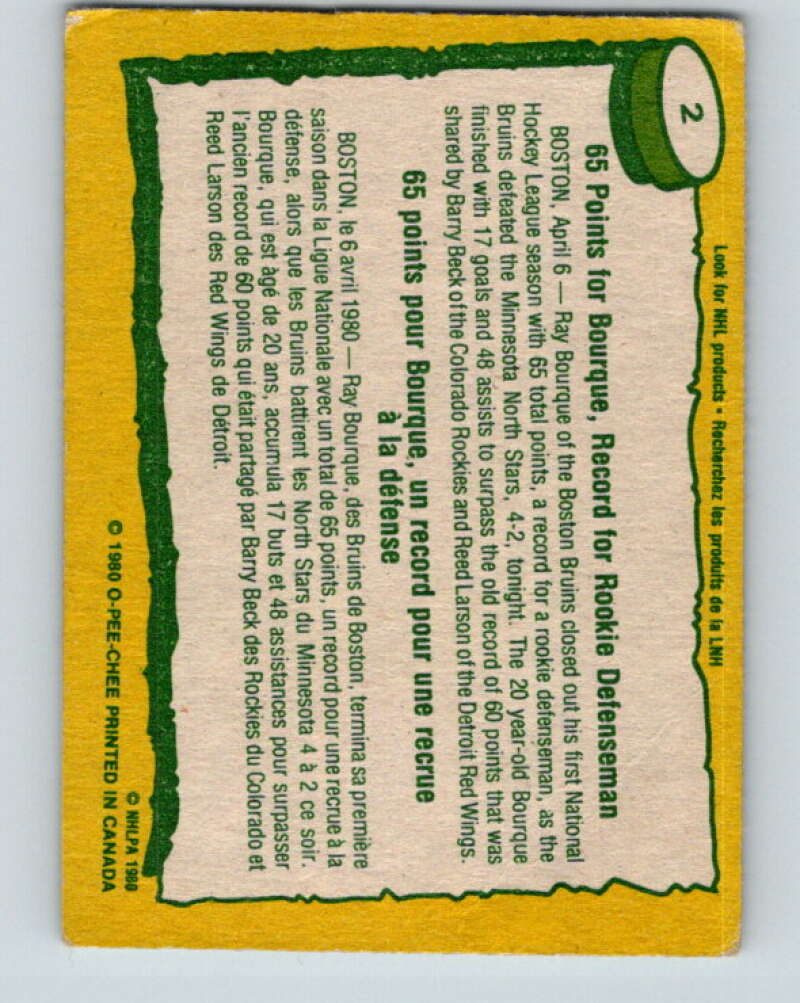 1980-81 O-Pee-Chee #2 Ray Bourque RB Boston Bruins V11339