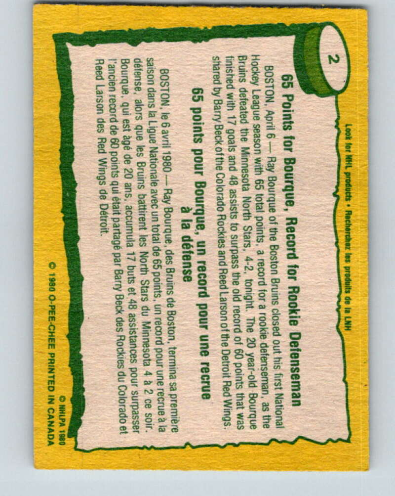 1980-81 O-Pee-Chee #2 Ray Bourque RB Boston Bruins V11341