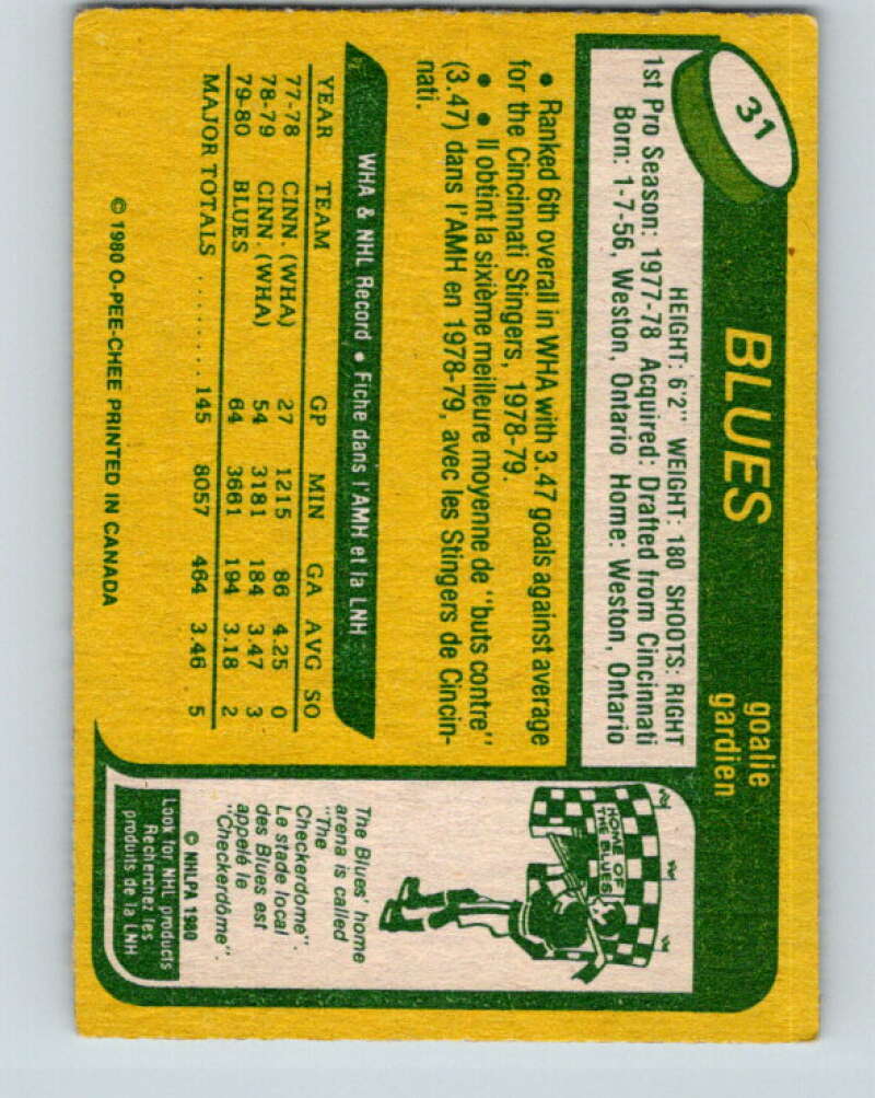 1980-81 O-Pee-Chee #31 Mike Liut RC Rookie St. Louis Blues V11371