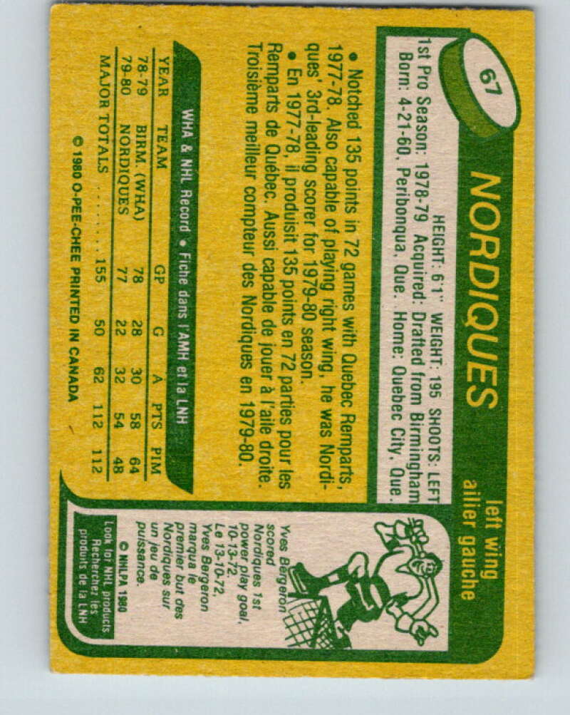 1980-81 O-Pee-Chee #67 Michel Goulet RC Rookie Quebec Nordiques V11389