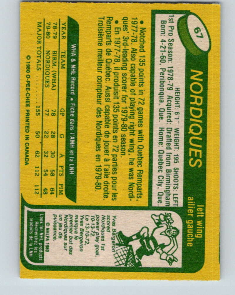 1980-81 O-Pee-Chee #67 Michel Goulet RC Rookie Quebec Nordiques V11393