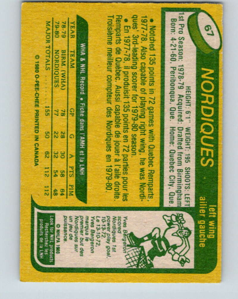 1980-81 O-Pee-Chee #67 Michel Goulet RC Rookie Quebec Nordiques V11394
