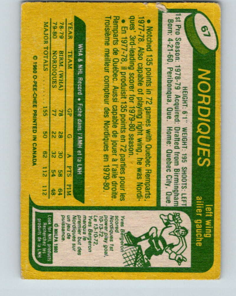 1980-81 O-Pee-Chee #67 Michel Goulet RC Rookie Quebec Nordiques V11397