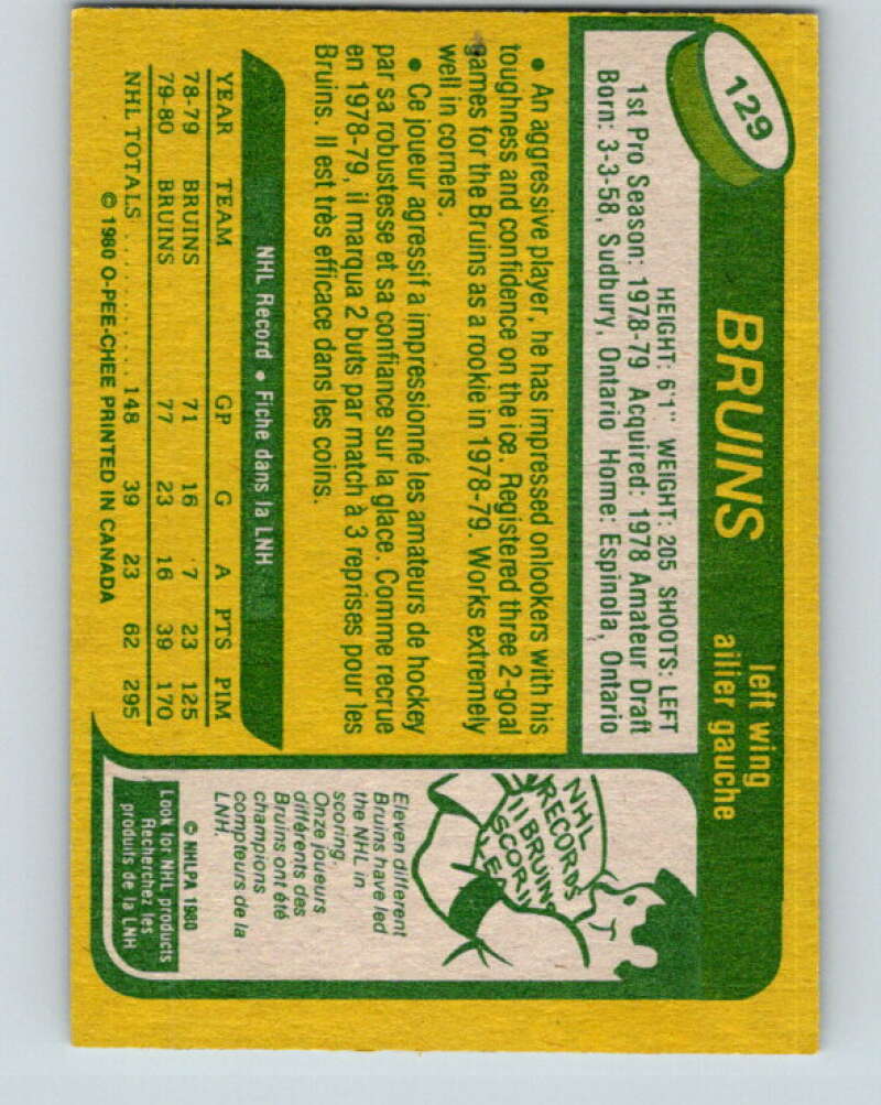 1980-81 O-Pee-Chee #129 Al Secord RC Rookie Boston Bruins V11415