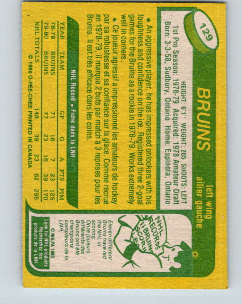 1980-81 O-Pee-Chee #129 Al Secord RC Rookie Boston Bruins V11416