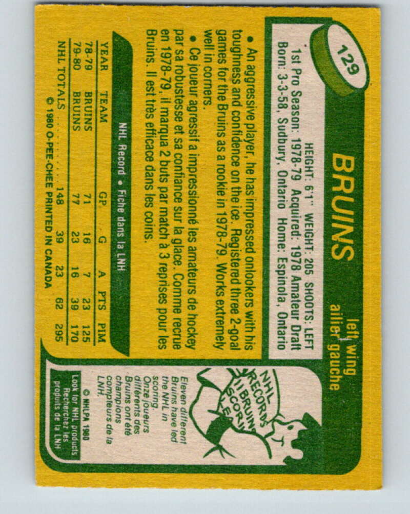 1980-81 O-Pee-Chee #129 Al Secord RC Rookie Boston Bruins V11417