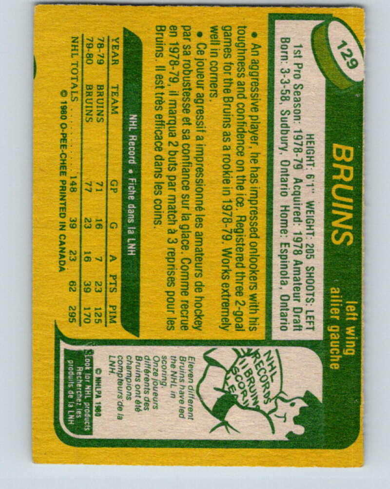 1980-81 O-Pee-Chee #129 Al Secord RC Rookie Boston Bruins V11420