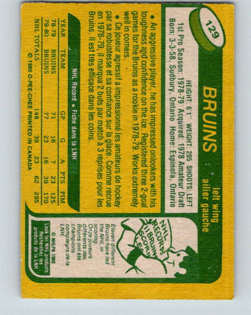 1980-81 O-Pee-Chee #129 Al Secord RC Rookie Boston Bruins V11422