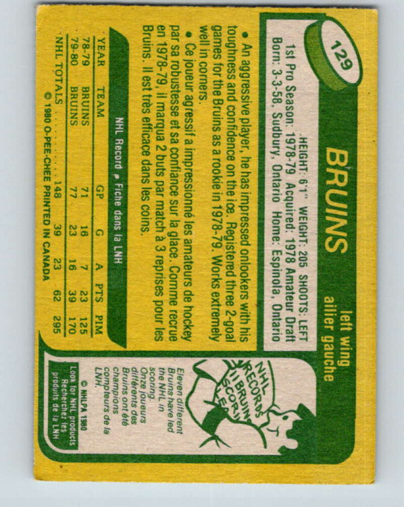 1980-81 O-Pee-Chee #129 Al Secord RC Rookie Boston Bruins V11424