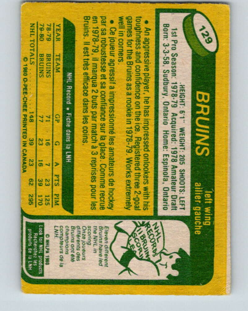 1980-81 O-Pee-Chee #129 Al Secord RC Rookie Boston Bruins V11425