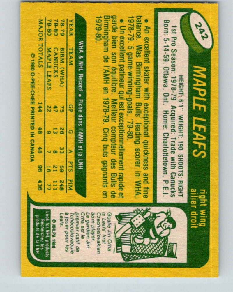 1980-81 O-Pee-Chee #242 Rick Vaive RC Rookie Toronto Maple Leafs V11477