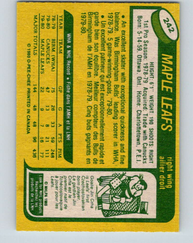 1980-81 O-Pee-Chee #242 Rick Vaive RC Rookie Toronto Maple Leafs V11478