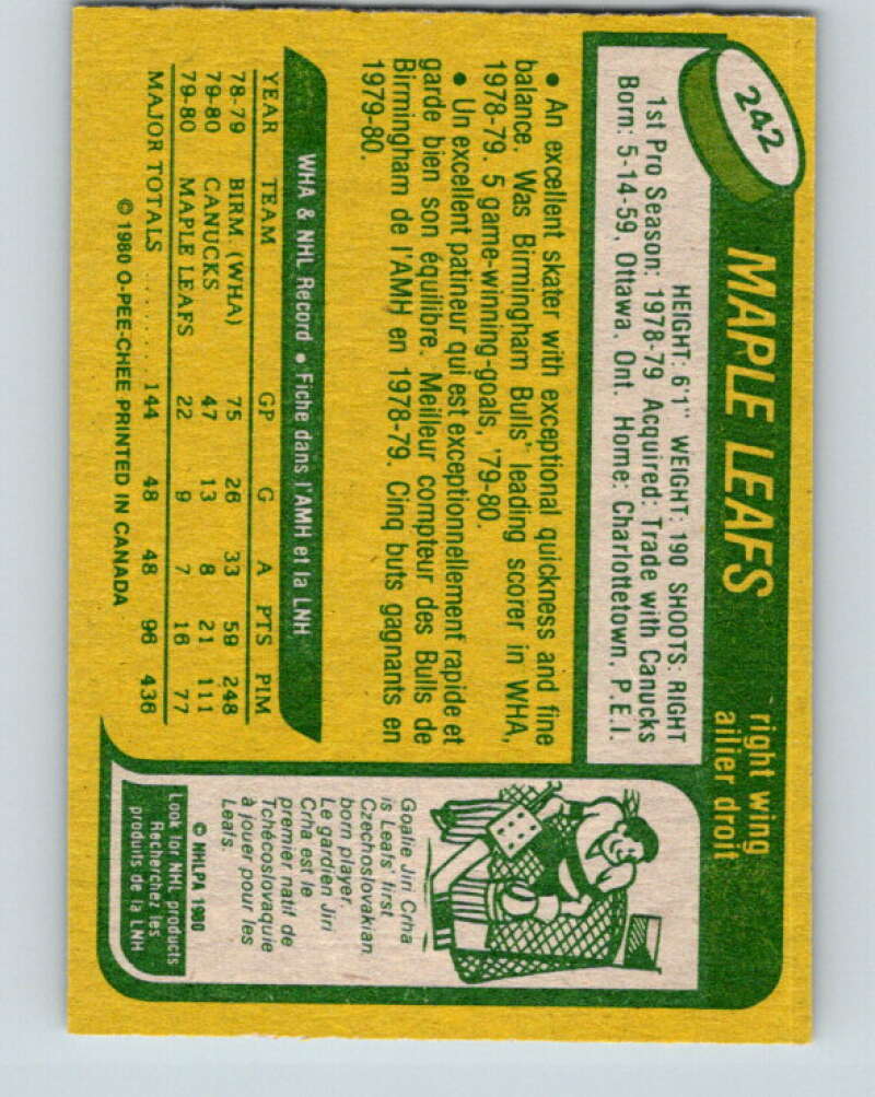 1980-81 O-Pee-Chee #242 Rick Vaive RC Rookie Toronto Maple Leafs V11480