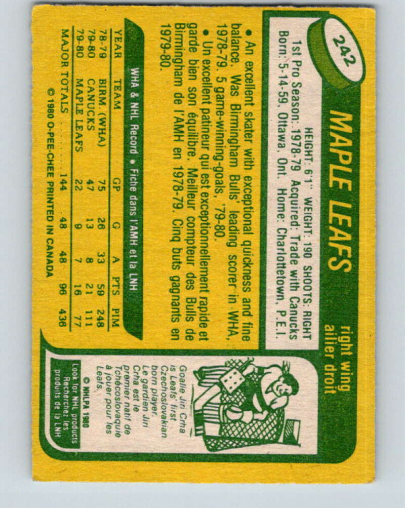 1980-81 O-Pee-Chee #242 Rick Vaive RC Rookie Toronto Maple Leafs V11481