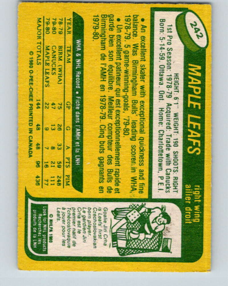 1980-81 O-Pee-Chee #242 Rick Vaive RC Rookie Toronto Maple Leafs V11482