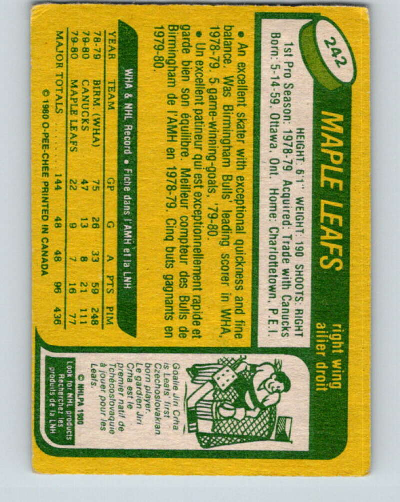 1980-81 O-Pee-Chee #242 Rick Vaive RC Rookie Toronto Maple Leafs V11488