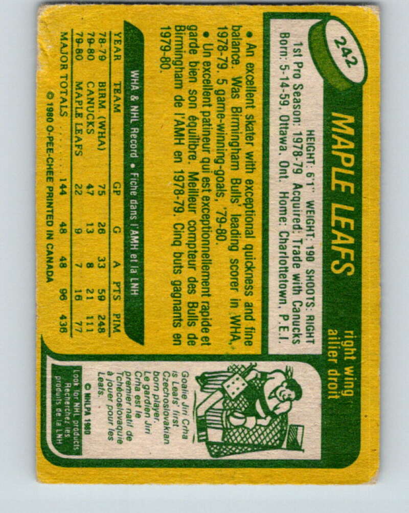 1980-81 O-Pee-Chee #242 Rick Vaive RC Rookie Toronto Maple Leafs V11490