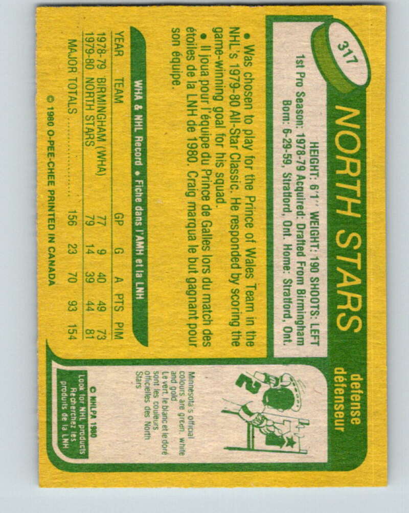 1980-81 O-Pee-Chee #317 Craig Hartsburg RC Rookie Minnesota North Stars V11526